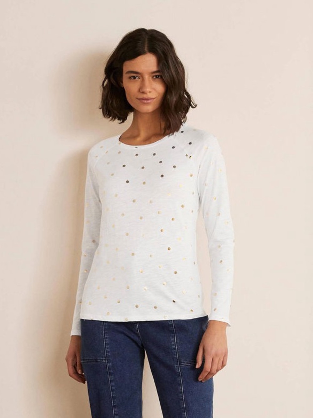 NWT. Boden. Lorna Baseball Jersey Tee. White w/Gold Metllic polka Dots. Med.